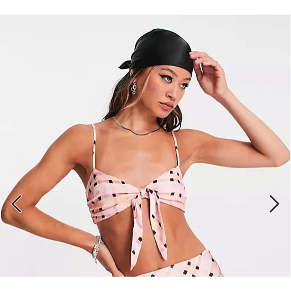 Topshop Pink Crop‎ Top Sleeveless Bra Smock Plaid Summer Bow Size US 10 UK 14